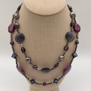 Chico's Beaded Necklace Purple Grey Double Strand Layered Boho Statement Artsy